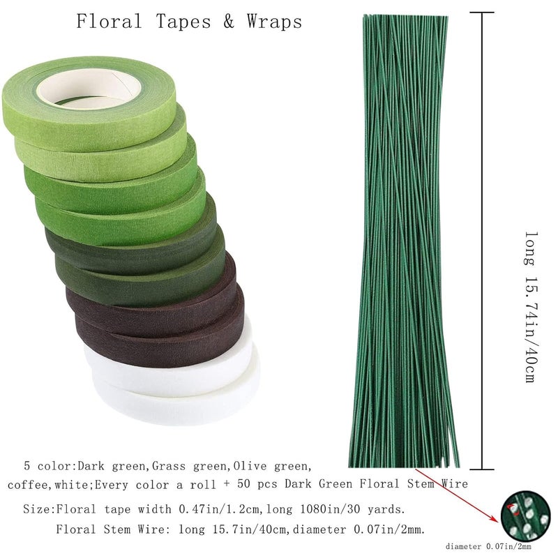 Arlai Floral Arrangement Kit - Floral Tools 5 Rolls Flower Paper Tape with 50 Pcs 16" Floral Stem Wire for Floral Arrangement Artificial Bouquet Stem Wrap Florist - Image 3